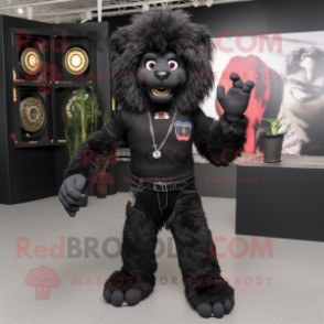 Black Tamer Lion mascot costume character dressed with a Bootcut Jeans and Bracelets