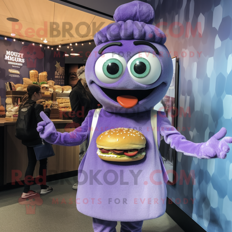 Lavender Burgers mascot costume character dressed with a Mini Dress and Mittens Lavender Burgers mascot costume character dressed with a Mini Dress and Mittens