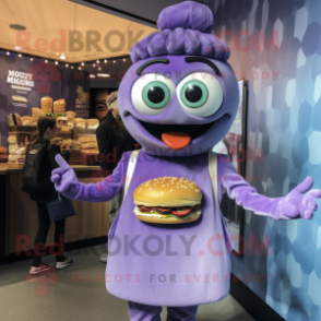 Lavender Burgers mascot costume character dressed with a Mini Dress and Mittens