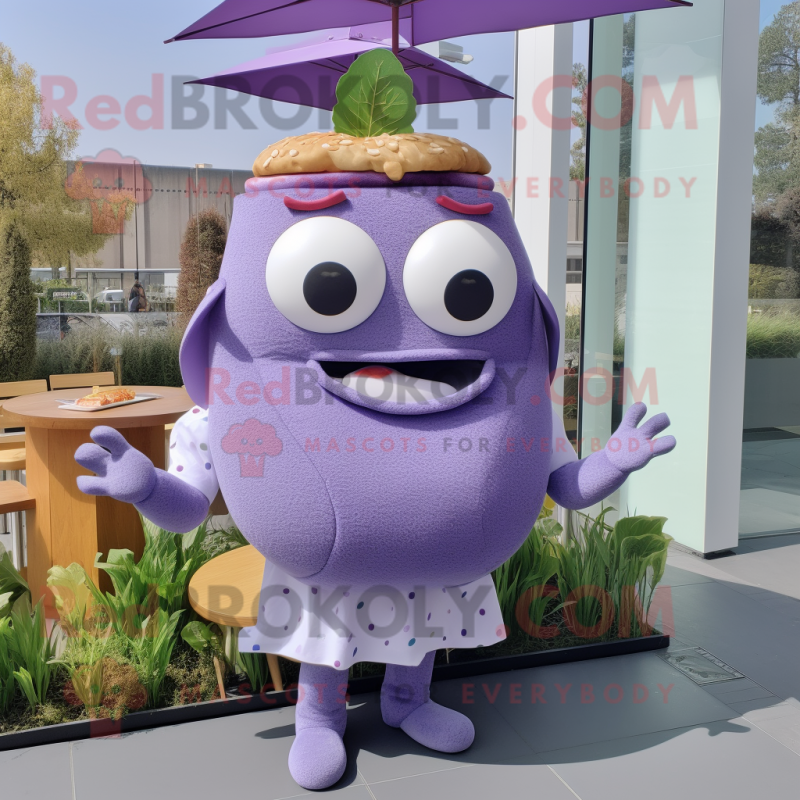 Lavender Burgers mascot costume character dressed with a Mini Dress and Mittens Lavender Burgers mascot costume character dressed with a Mini Dress and Mittens