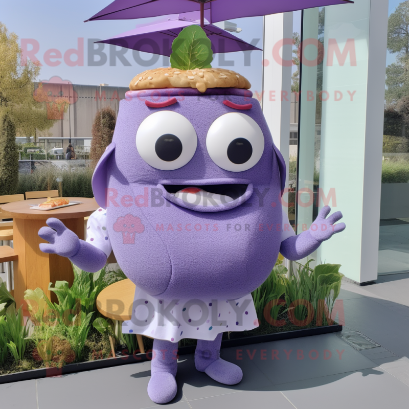 Lavender Burgers mascot costume character dressed with a Mini Dress and Mittens