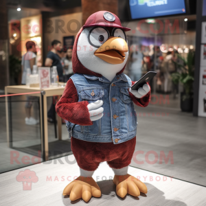 Maroon Penguin mascot costume character dressed with a Denim Shorts and Digital watches