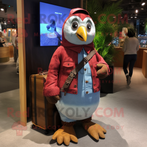 Maroon Penguin mascot costume character dressed with a Denim Shorts and Digital watches