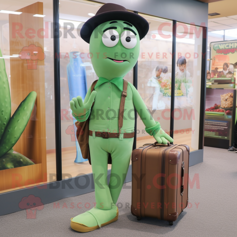 nan Green Bean mascot costume character dressed with a Skinny Jeans and Briefcases nan Green Bean mascot costume character dressed with a Skinny Jeans and Briefcases