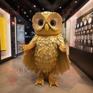 Gold Owl mascot costume character dressed with a A-Line Dress and Wraps