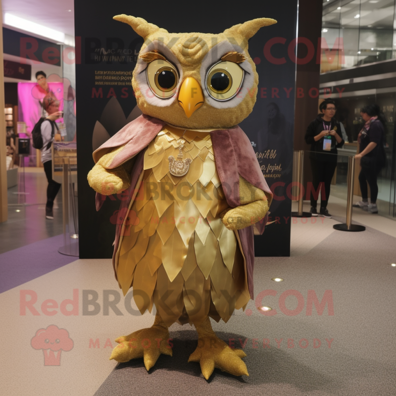 Gold Owl mascot costume character dressed with a A-Line Dress and Wraps