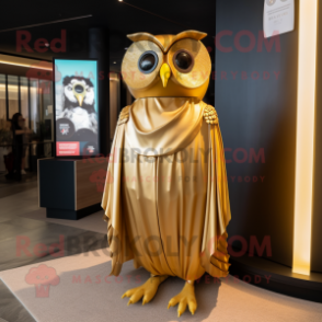 Gold Owl mascot costume character dressed with a A-Line Dress and Wraps