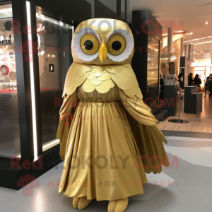 Gold Owl mascot costume character dressed with a A-Line Dress and Wraps