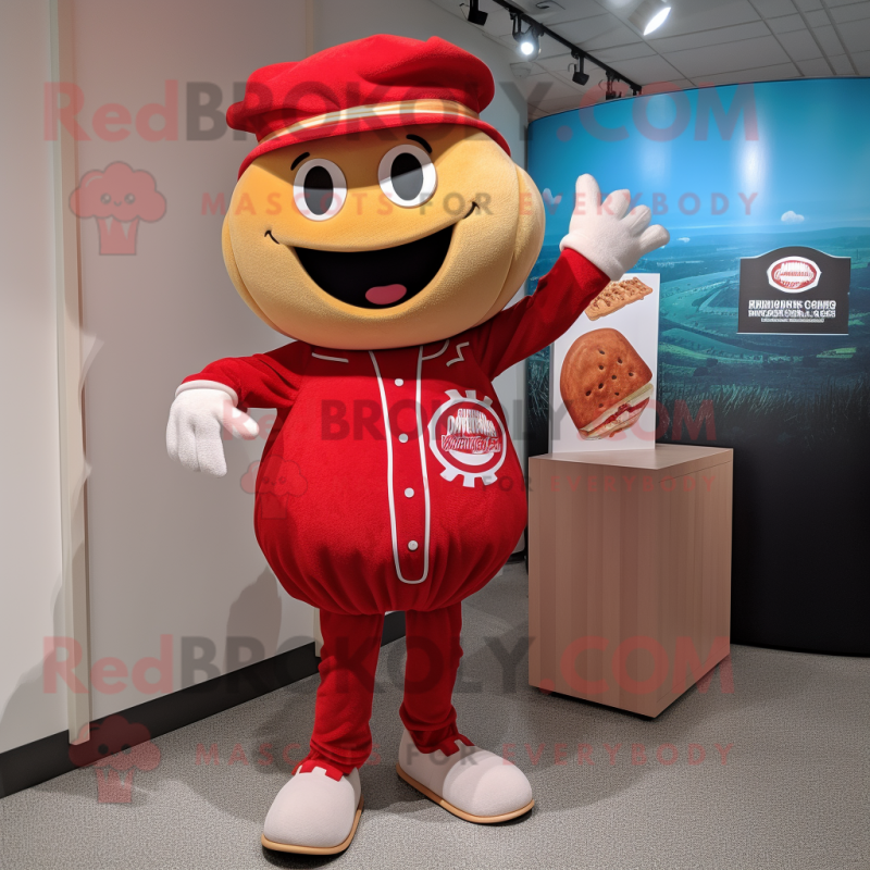 Red Lasagna mascot costume character dressed with a Baseball Tee and Berets Red Lasagna mascot costume character dressed with a Baseball Tee and Berets