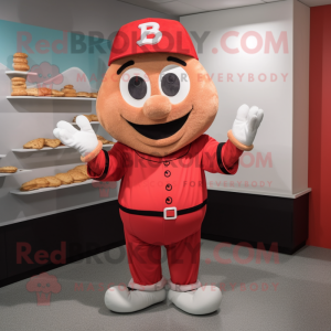 Red Lasagna mascot costume character dressed with a Baseball Tee and Berets