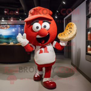 Red Lasagna mascot costume character dressed with a Baseball Tee and Berets