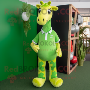 Lime Green Giraffe mascot costume character dressed with a Polo Shirt and Foot pads