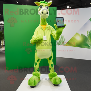 Lime Green Giraffe mascot costume character dressed with a Polo Shirt and Foot pads