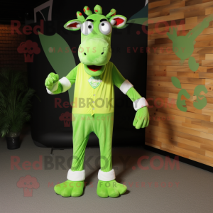 Lime Green Giraffe mascot costume character dressed with a Polo Shirt and Foot pads