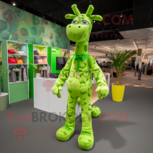 Lime Green Giraffe mascot costume character dressed with a Polo Shirt and Foot pads