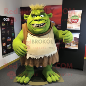 Olive Ogre mascot costume character dressed with a Skirt and Lapel pins