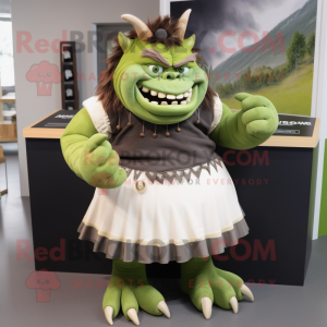 Olive Ogre mascot costume character dressed with a Skirt and Lapel pins