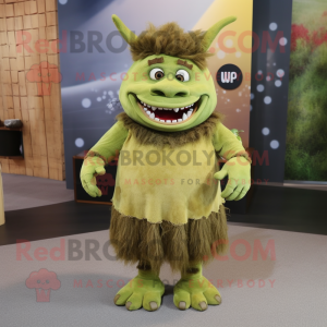 Olive Ogre mascot costume character dressed with a Skirt and Lapel pins