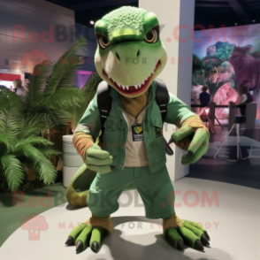 Green Deinonychus mascot costume character dressed with a Chinos and Keychains