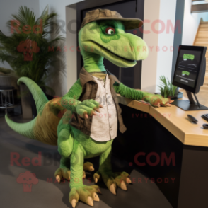 Green Deinonychus mascot costume character dressed with a Chinos and Keychains