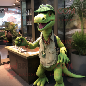 Green Deinonychus mascot costume character dressed with a Chinos and Keychains
