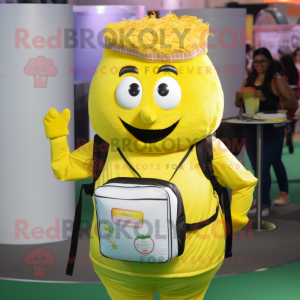 Lemon Yellow Biryani mascot costume character dressed with a Button-Up Shirt and Backpacks