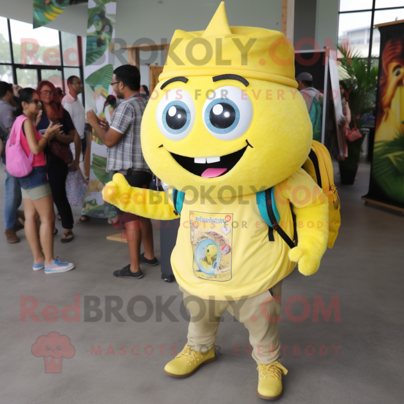 Lemon Yellow Biryani mascot costume character dressed with a Button-Up Shirt and Backpacks