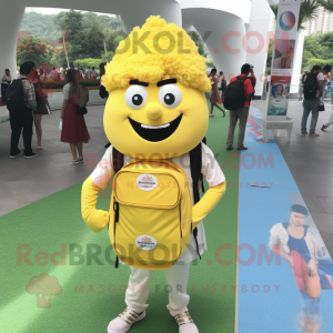 Lemon Yellow Biryani mascot costume character dressed with a Button-Up Shirt and Backpacks