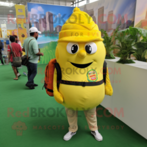 Lemon Yellow Biryani mascot costume character dressed with a Button-Up Shirt and Backpacks