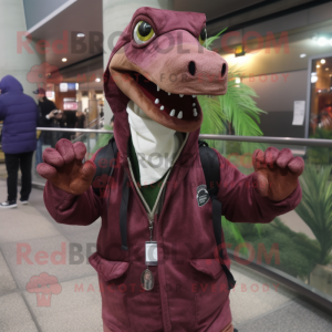 Maroon Coelophysis mascot costume character dressed with a Parka and Keychains