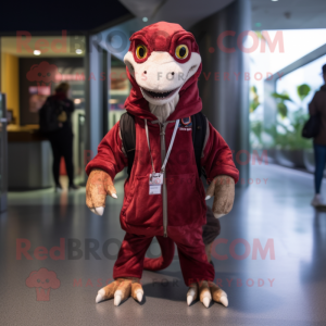 Maroon Coelophysis mascot costume character dressed with a Parka and Keychains