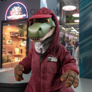 Maroon Coelophysis mascot costume character dressed with a Parka and Keychains