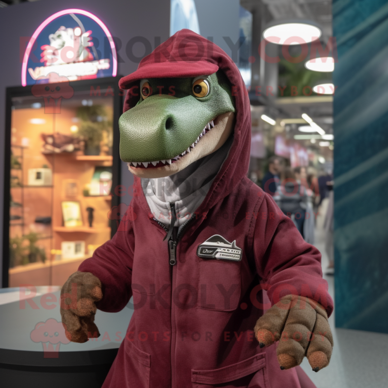 Maroon Coelophysis mascot costume character dressed with a Parka and Keychains Maroon Coelophysis mascot costume character dressed with a Parka and Keychains