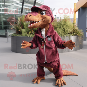 Maroon Coelophysis mascot costume character dressed with a Parka and Keychains