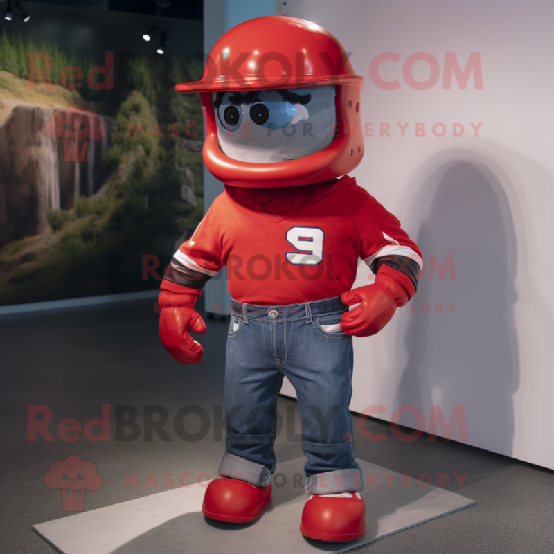 Red American Football Helmet mascot costume character dressed with a Jeans and Suspenders