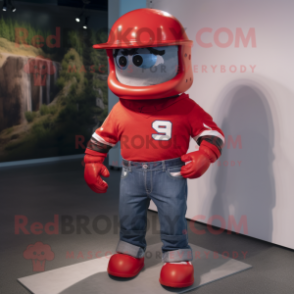 Red American Football Helmet mascot costume character dressed with a Jeans and Suspenders