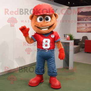 Red American Football Helmet mascot costume character dressed with a Jeans and Suspenders