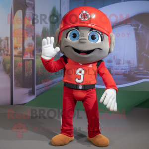 Red American Football Helmet mascot costume character dressed with a Jeans and Suspenders