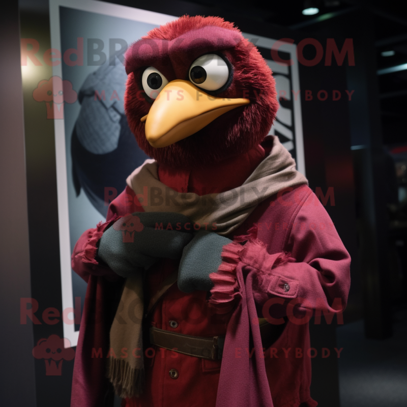 Maroon Crow mascot costume character dressed with a Jeans and Scarf clips Maroon Crow mascot costume character dressed with a Jeans and Scarf clips