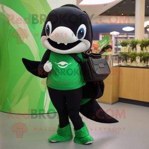 Green Killer Whale mascot costume character dressed with a Mini Skirt and Wallets