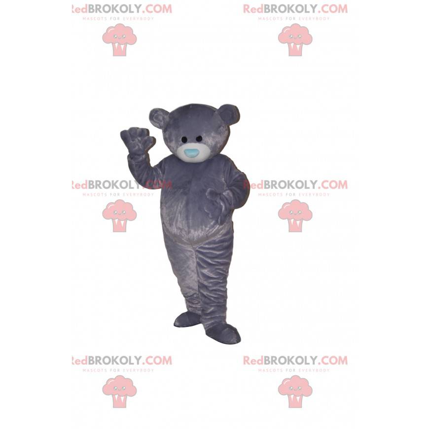 Gray bear mascot with a blue heart-shaped muzzle -