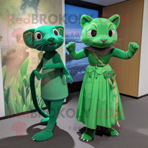 Green Jaguarundi mascot costume character dressed with a Mini Dress and Wraps