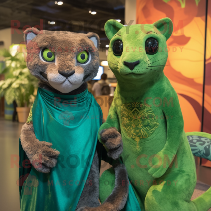 Green Jaguarundi mascot costume character dressed with a Mini Dress and Wraps