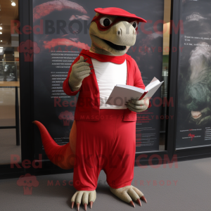 Red Iguanodon mascot costume character dressed with a Empire Waist Dress and Reading glasses