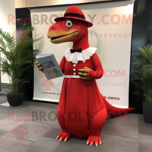 Red Iguanodon mascot costume character dressed with a Empire Waist Dress and Reading glasses