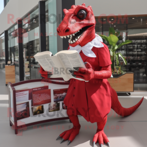 Red Iguanodon mascot costume character dressed with a Empire Waist Dress and Reading glasses