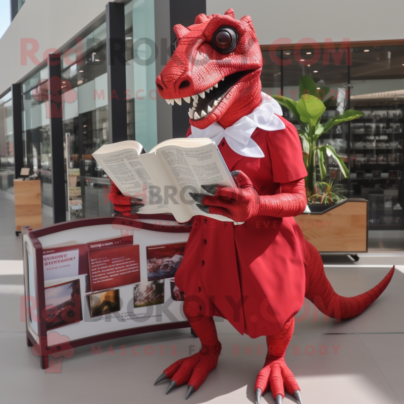 Red Iguanodon mascot costume character dressed with a Empire Waist Dress and Reading glasses