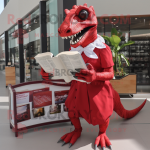 Red Iguanodon mascot costume character dressed with a Empire Waist Dress and Reading glasses