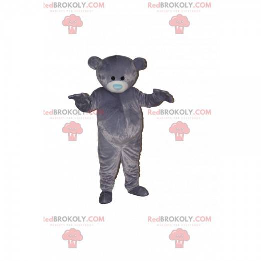 Grijze beer mascotte met een blauwe hartvormige snuit -
