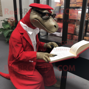 Red Iguanodon mascot costume character dressed with a Empire Waist Dress and Reading glasses